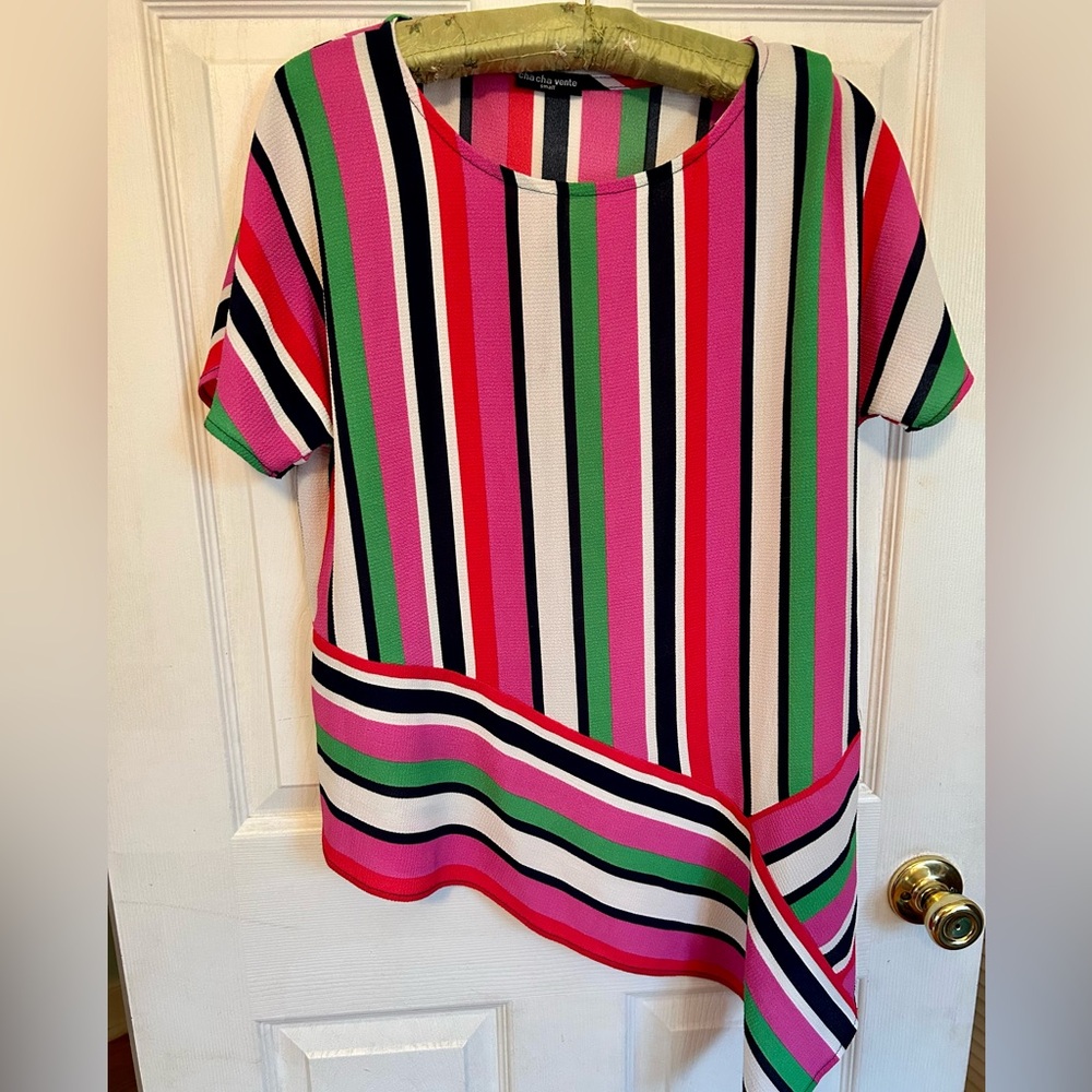 Vintage 70s 80s Striped Tunic Top Small Colorful Short Sleeve Cha Cha Vente
